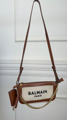 Balmain Tan Leather and Canvas Logo Crossbody bag