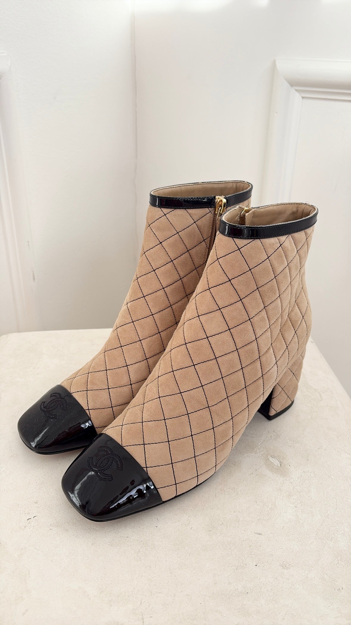 Chanel Beige Suede and Black Quilted Ankle Boot, 40 C