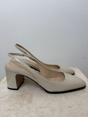Prada Cream Patent Leather Logo Back Slingback, 36