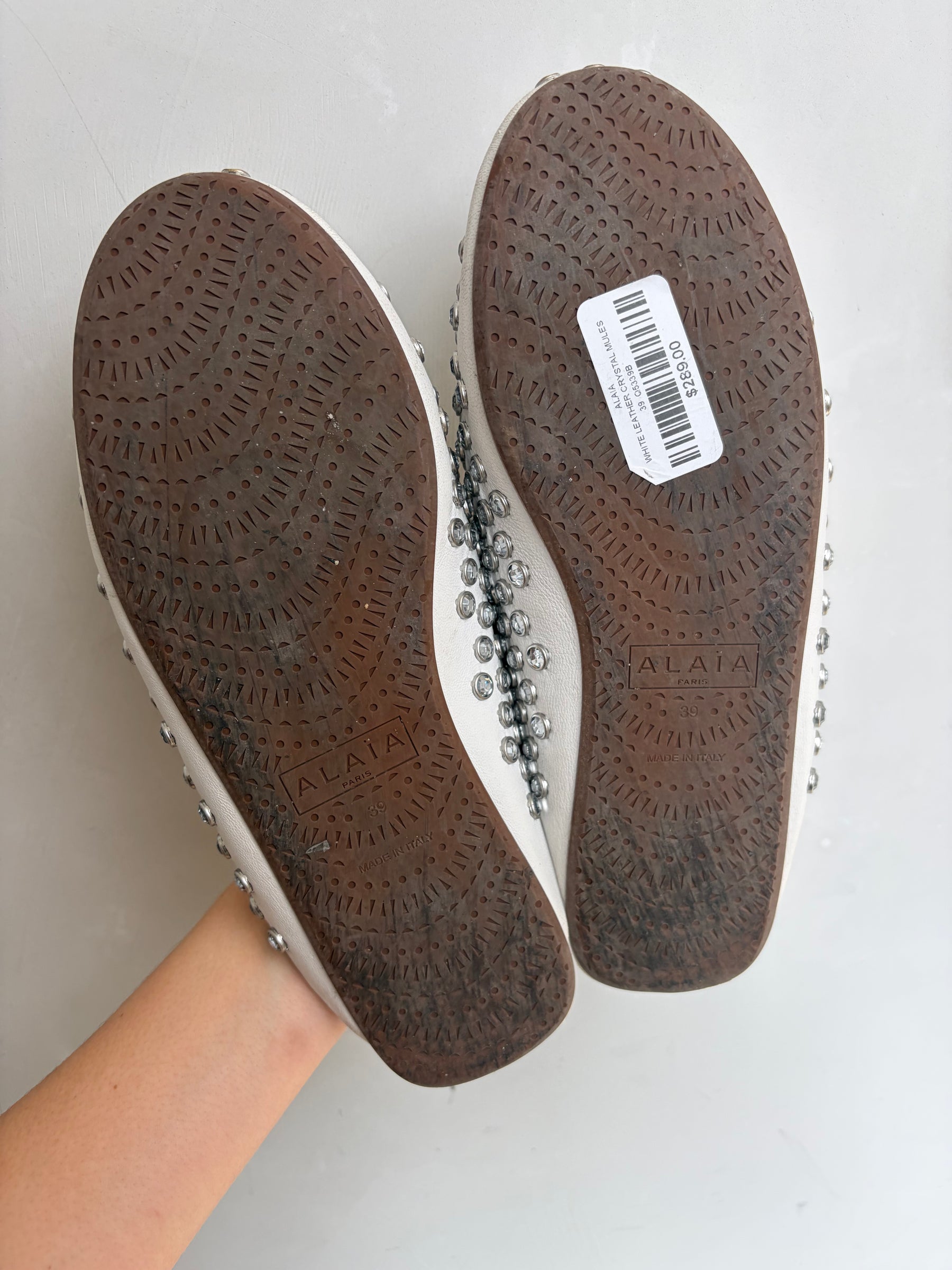 Alaïa White Leather Crystal Slides, 39