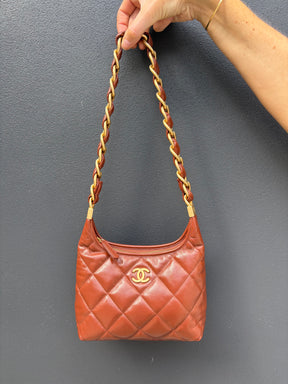 Chanel Tan Shiny Lambskin Leather Small Hobo Bag