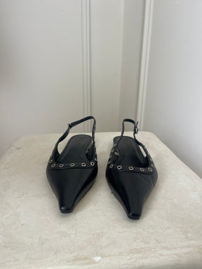 Aeyde Black Leather Pointed Slingback Flats, 38