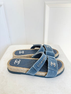 Chanel Dusty Blue Velevt Espadrille Slides, 38C