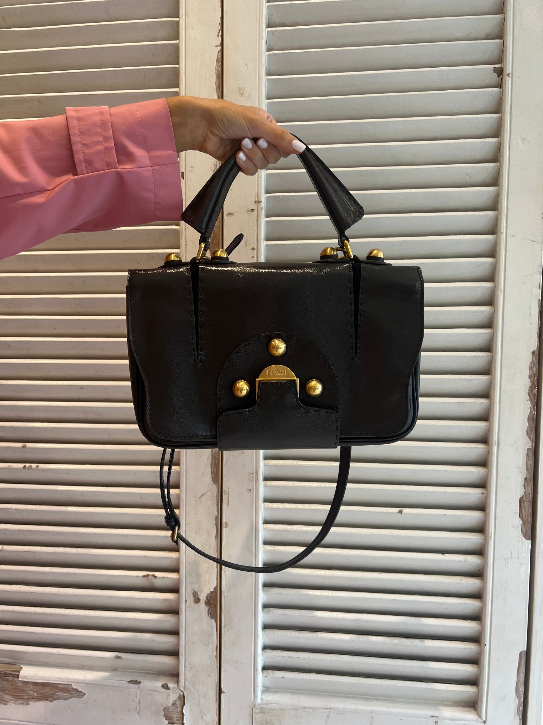 Fendi Brown Coated Leather Top Handle Shoulder Bag