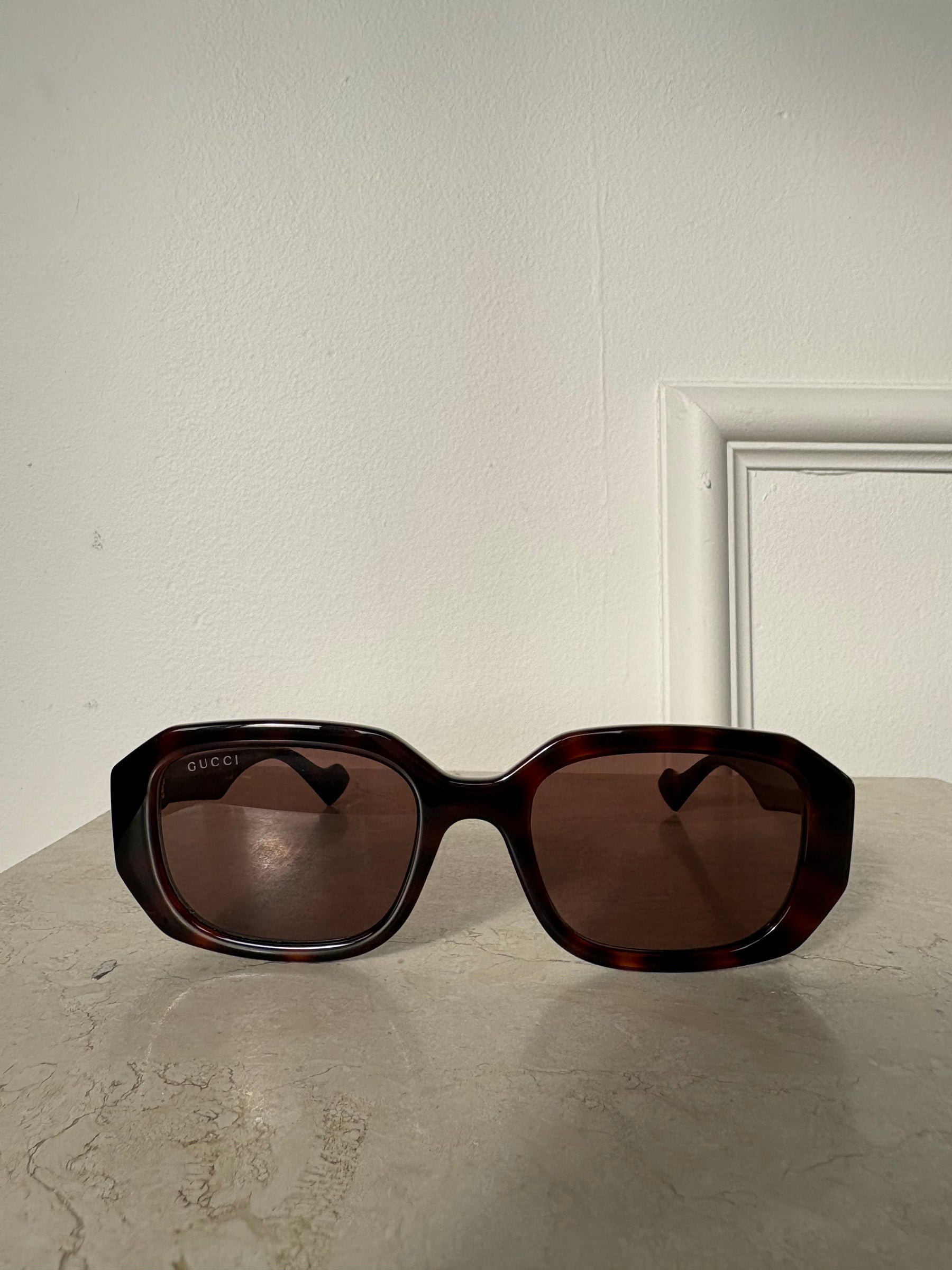 Gucci Tortoishell Slim Rectangular Sunglasses