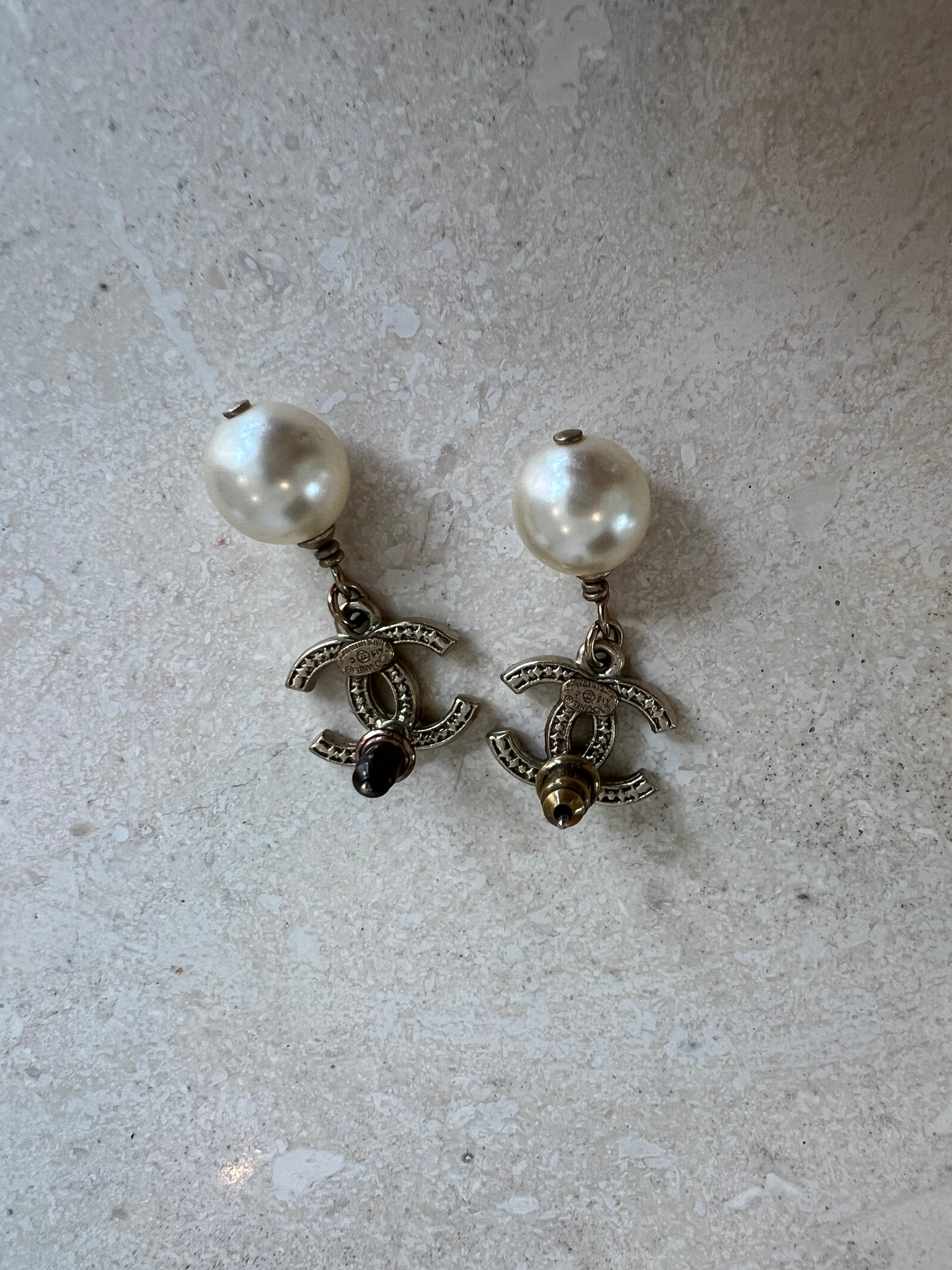 Chanel Pearl Drop Earrings Gold Tone Hardware