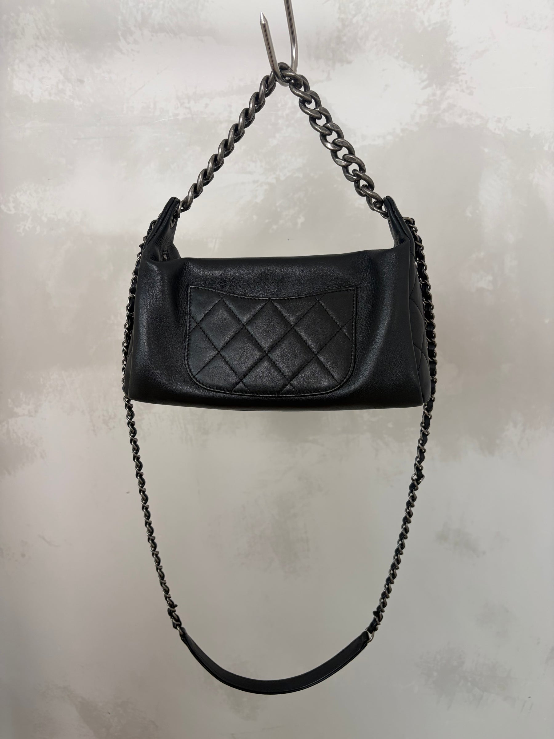 Chanel Black Calfskin Chain Signature Hobo Bag