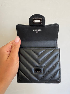 Chanel So Black Leather Chevron Quilted Square Wallet