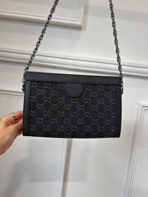 Gucci Jacquard Black Denim GG Monogram Chain Shoulder Bag