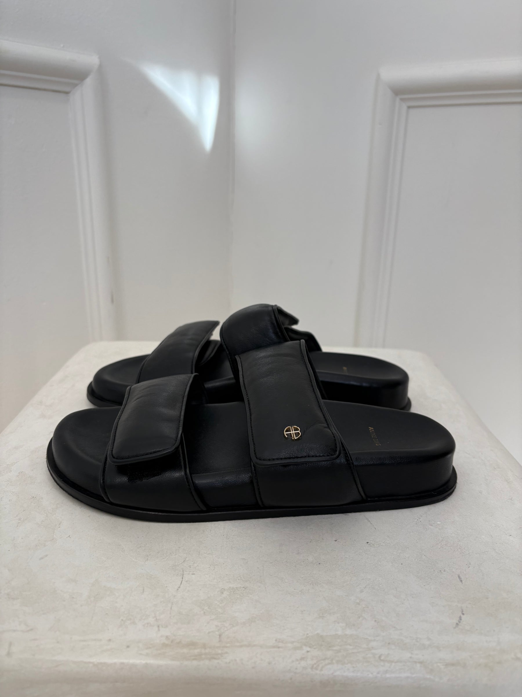 Anine Bing Black Leather Padded Slides, 38