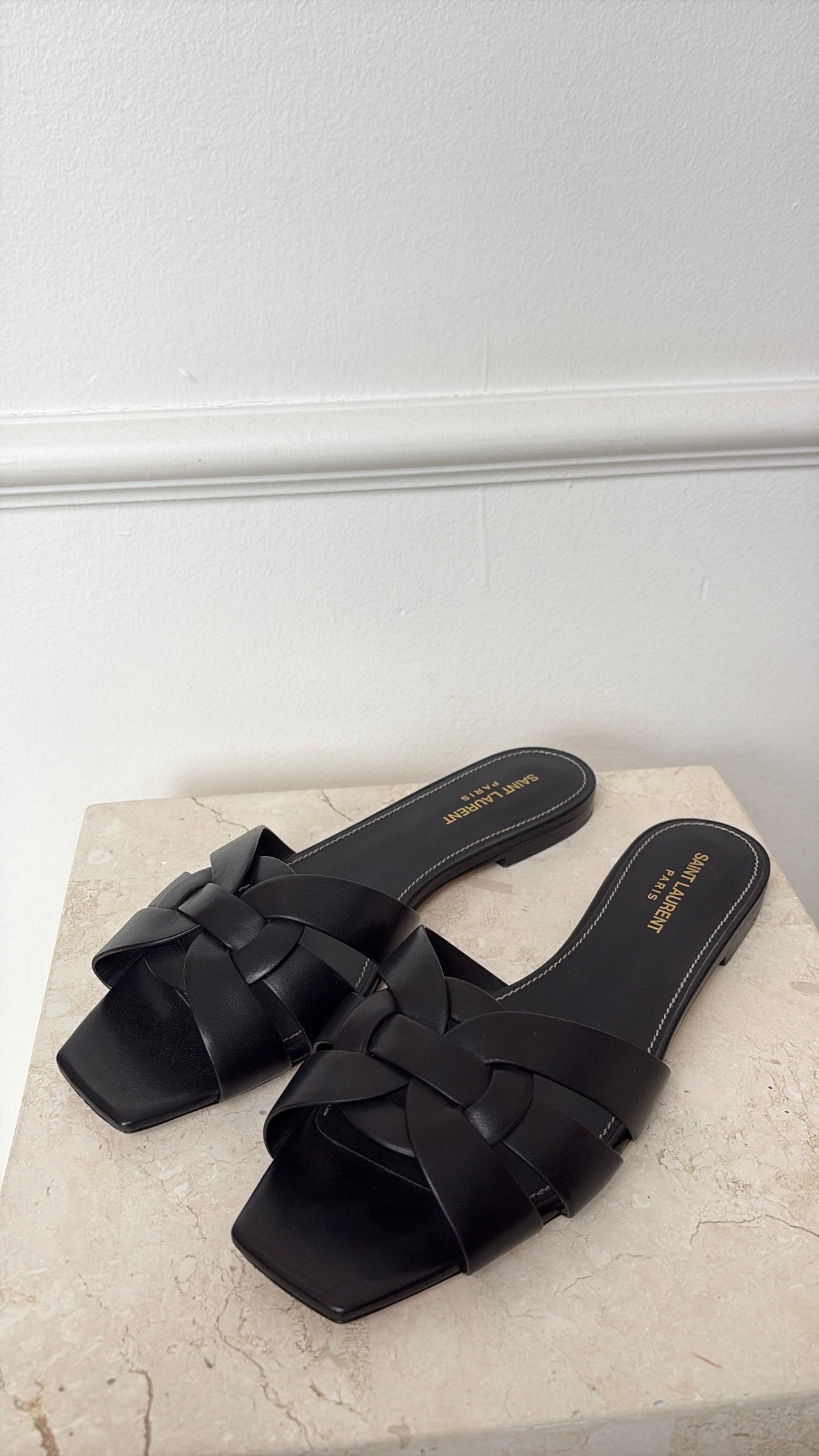 Saint Laurent Black Leather Tribute Slides, 41