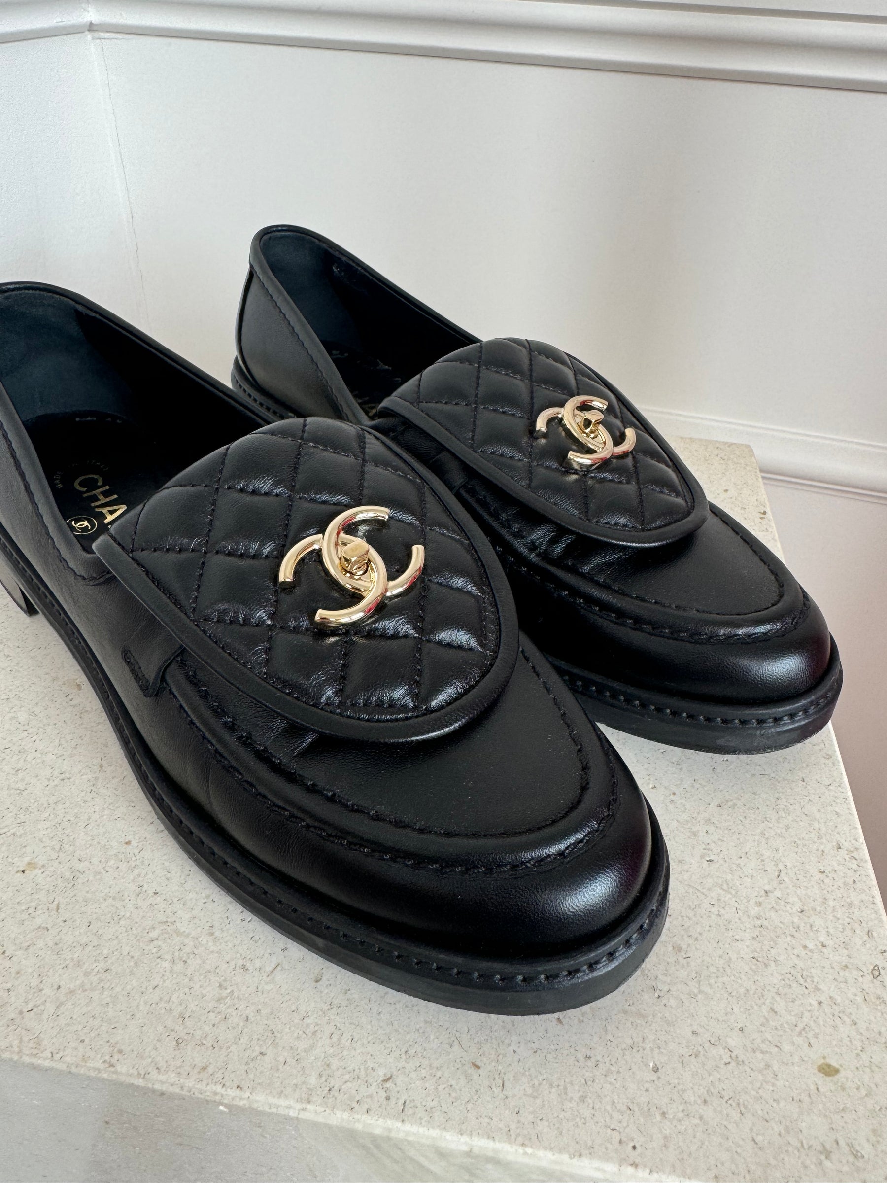Chanel Black Leather Quilted CC Loafers, 40.5C