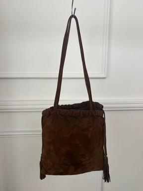 Miu Miu Suede Drawstring Bag In Chocolate