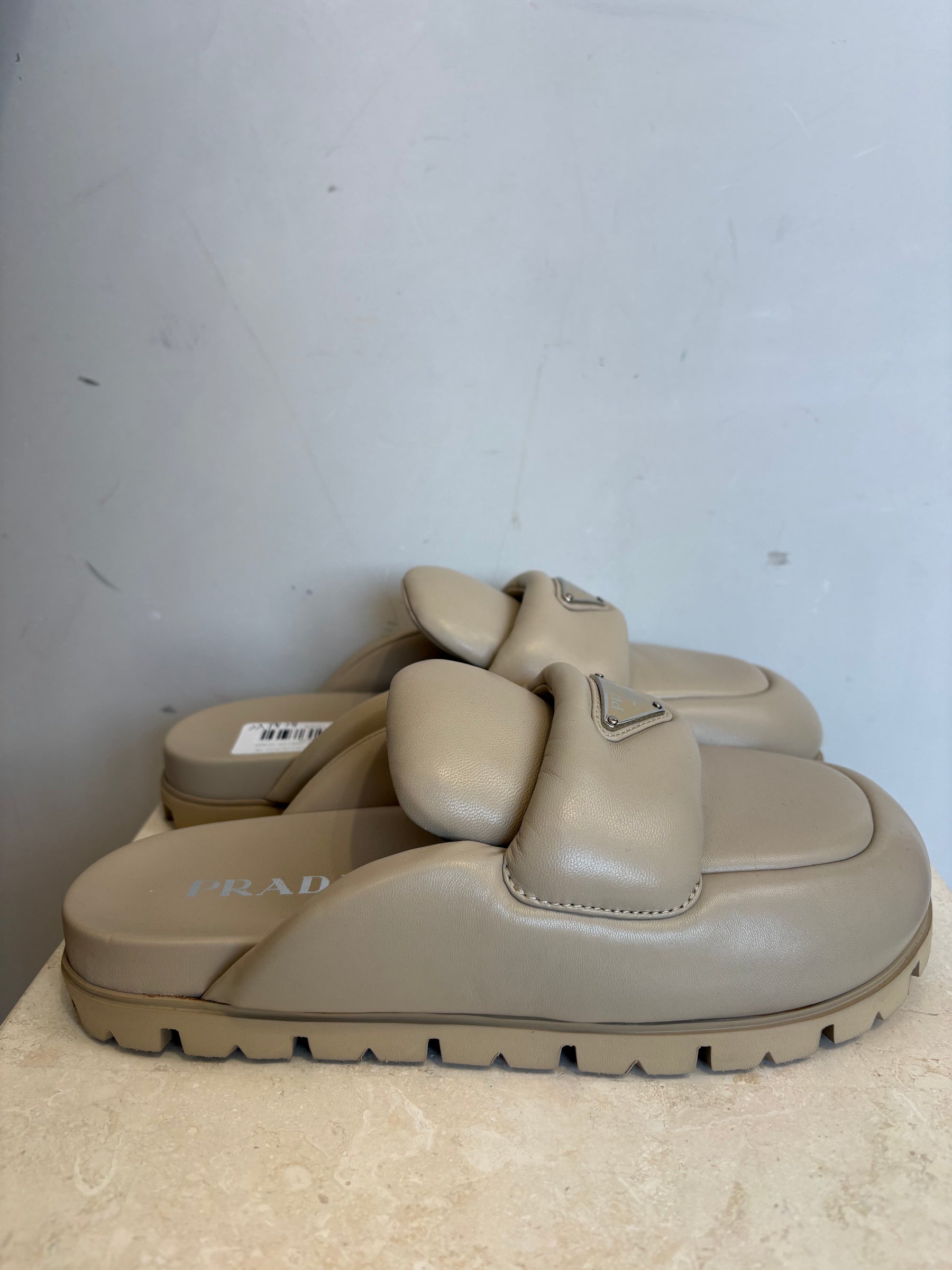 Prada Beige Padded Leather Logo Mules, 38