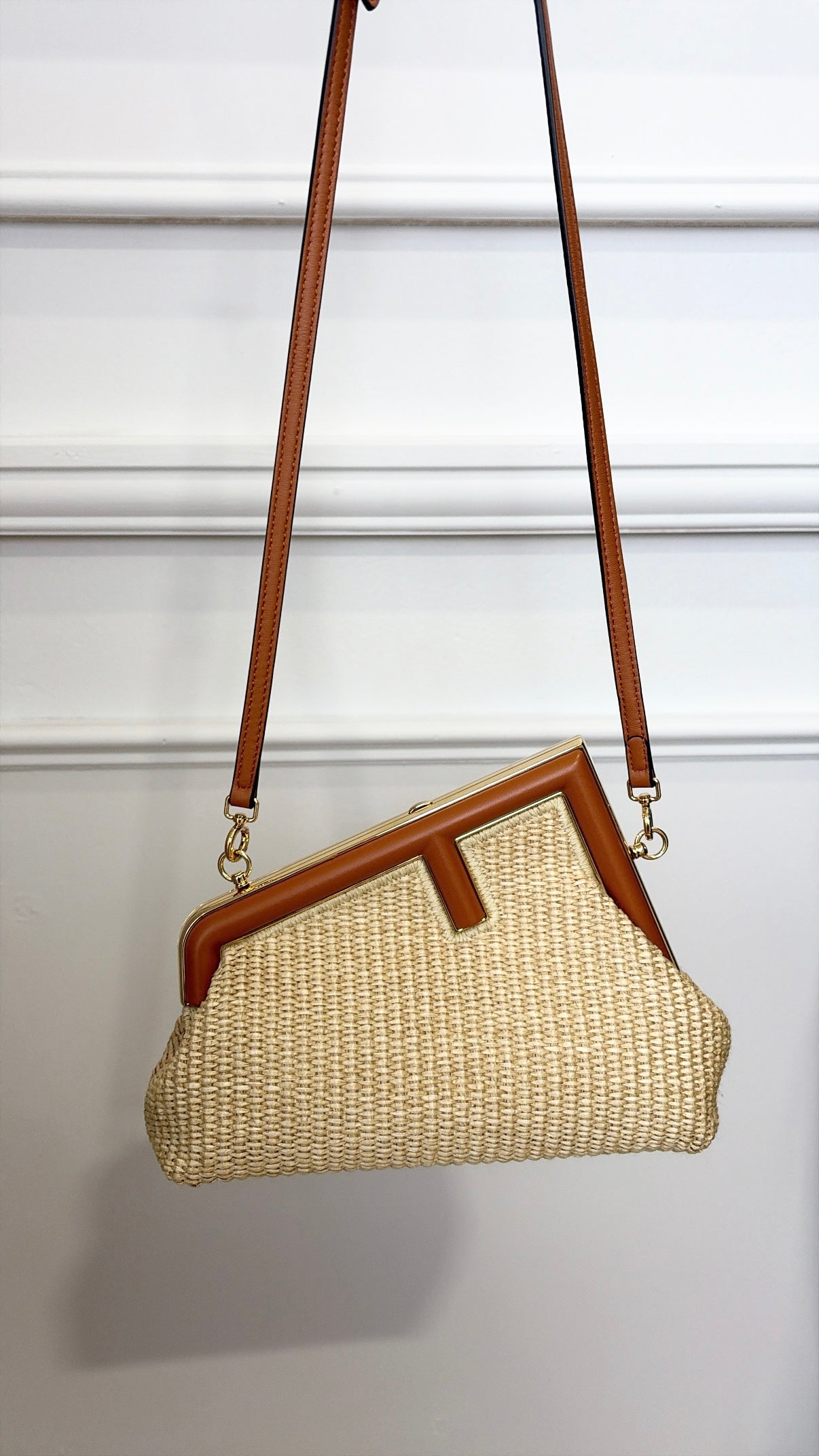 Fendi First Raffia and Tan Leather Small Crossbody Pouch
