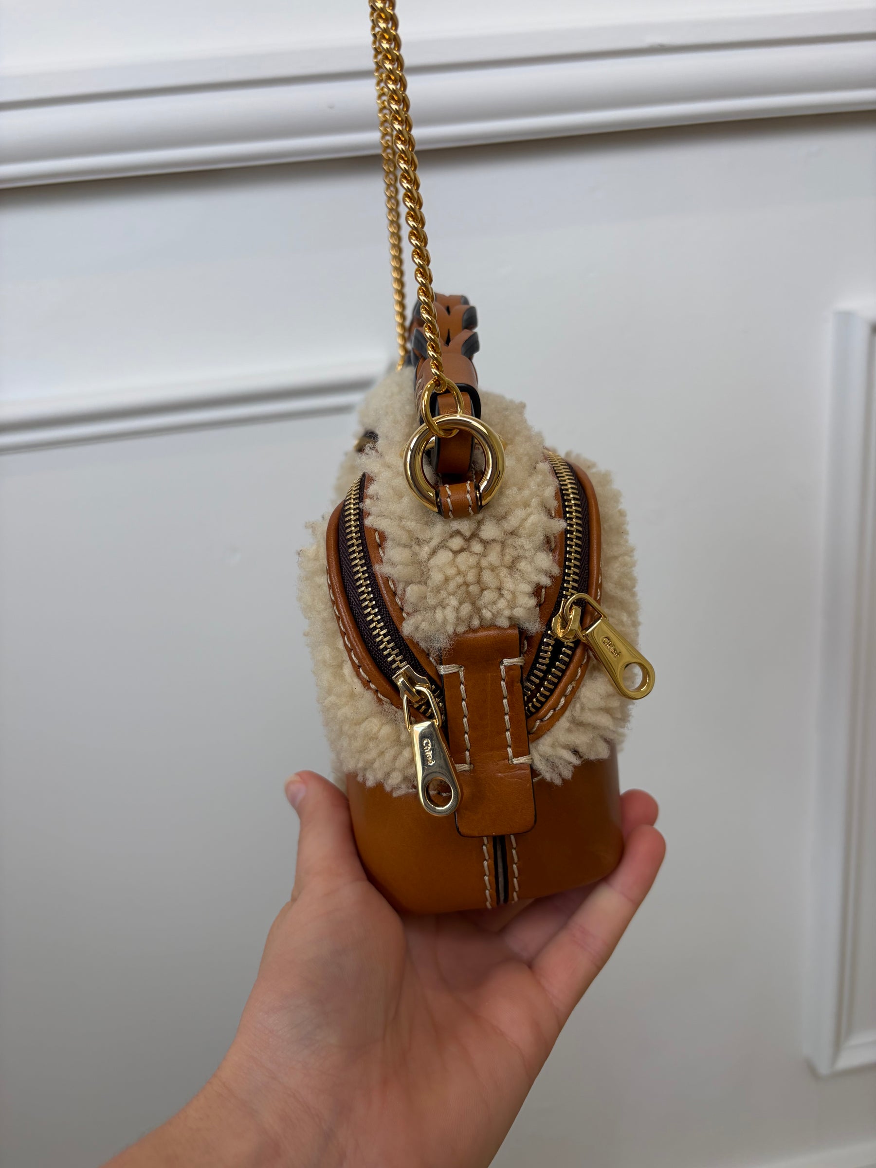 Chloé Tan Leather and Shearing Mini Daria Crossbody Bag