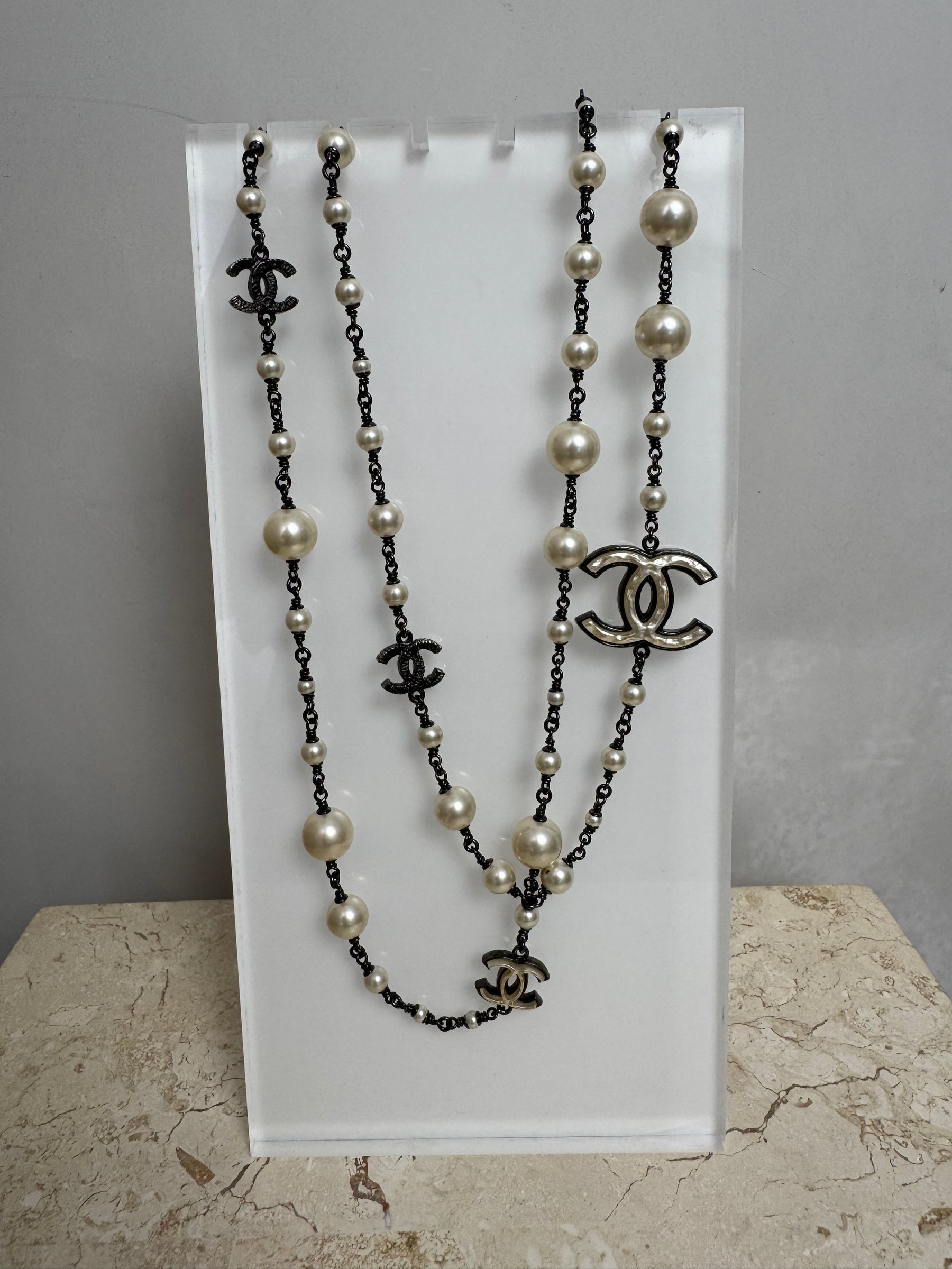 Chanel Pearl and Ruthenium Logo Necklace