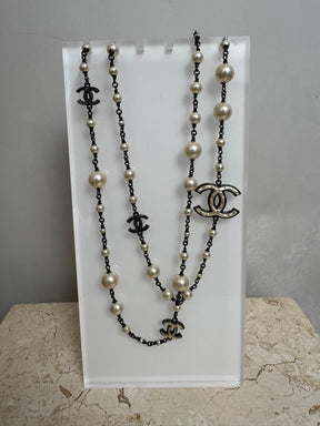 Chanel Pearl and Ruthenium Logo Necklace