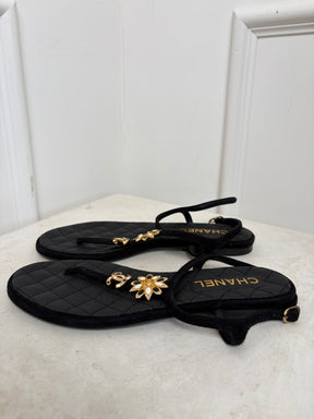 Chanel Black Suede Floral CC T Bar Sandals, 38.5