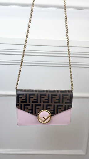 Fendi Pink and Brown Monogram Leather Envelope Wallet on Chain