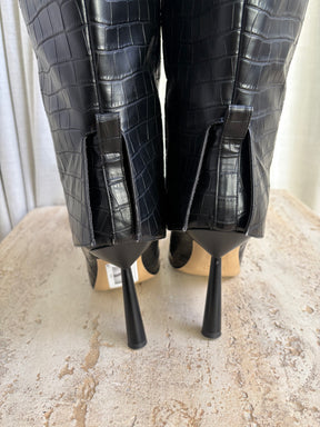 Gia Borghini Black Croc Embossed Heeled Knee High Boots, 40