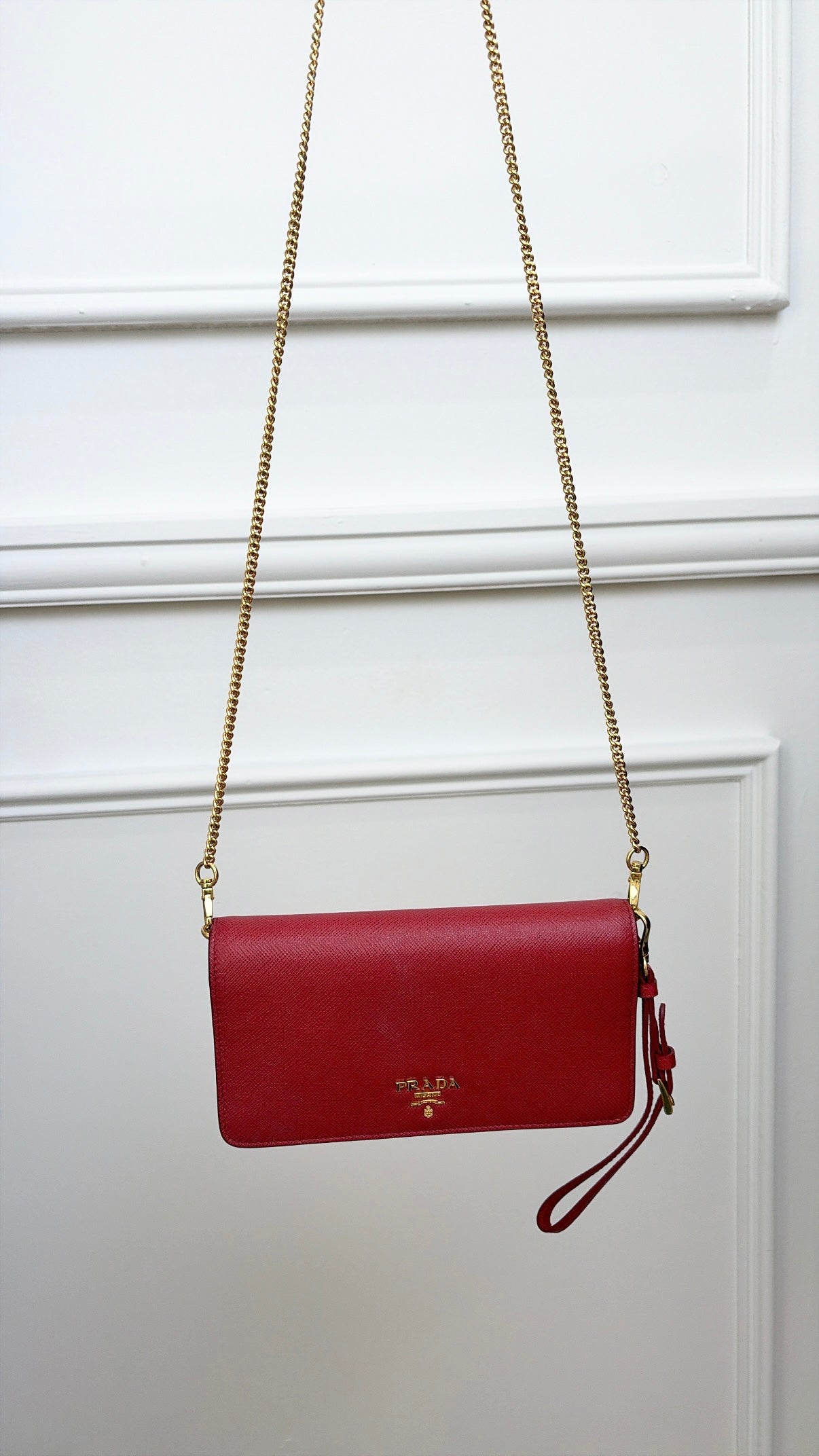 Prada Red Saffiano Leather Wallet on Chain