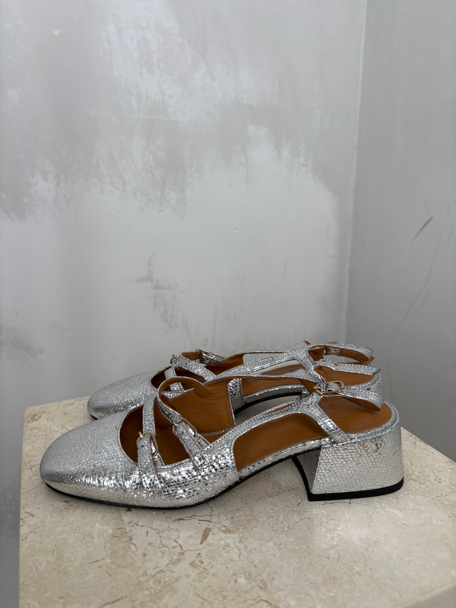 Sézane Silver Crackled Leather Heeled Mary Janes, 38