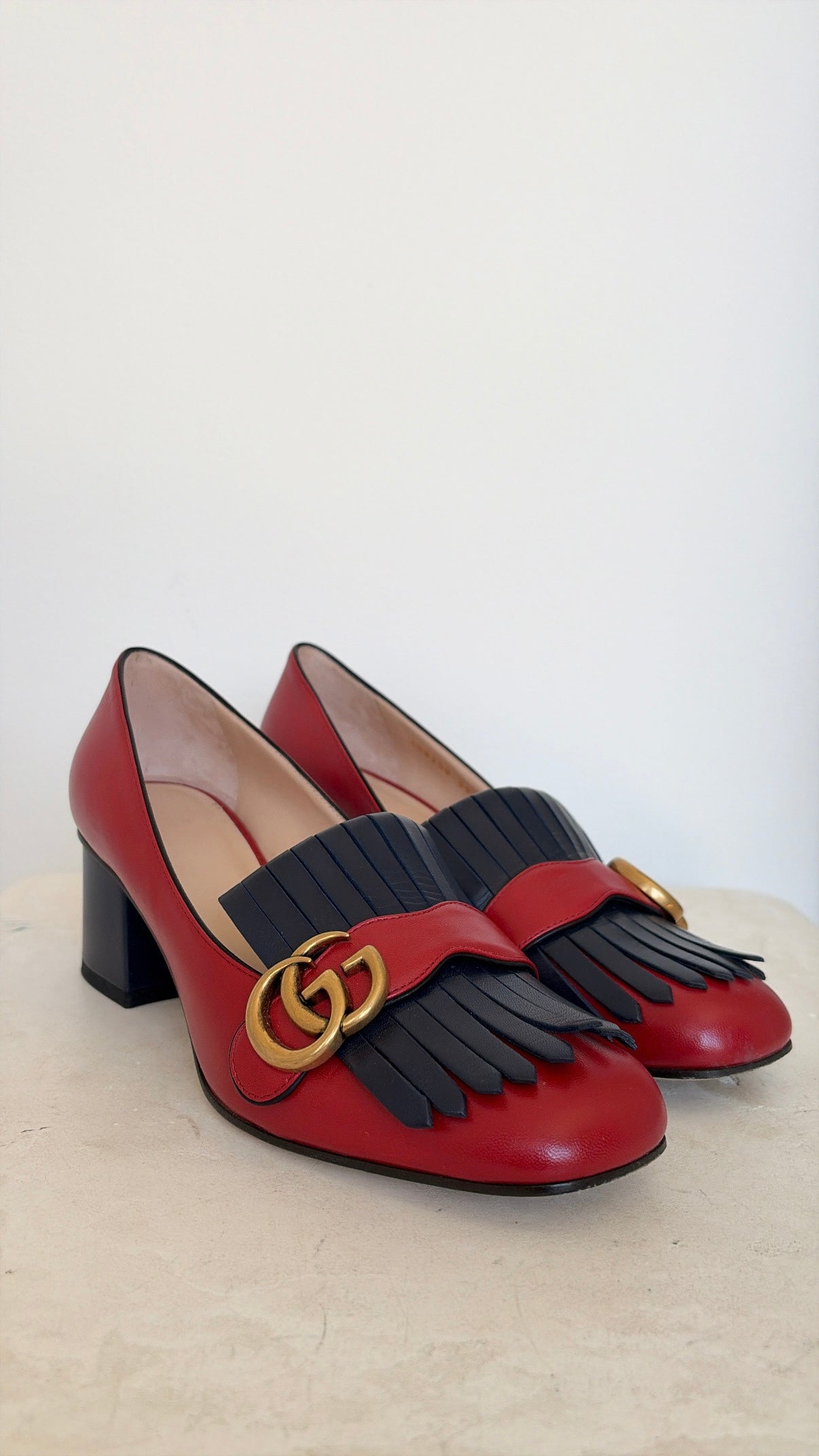 Gucci Red and Navy Fringed Leather Marmont Pumps, 39