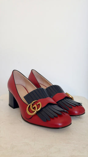 Gucci Red and Navy Fringed Leather Marmont Pumps, 39