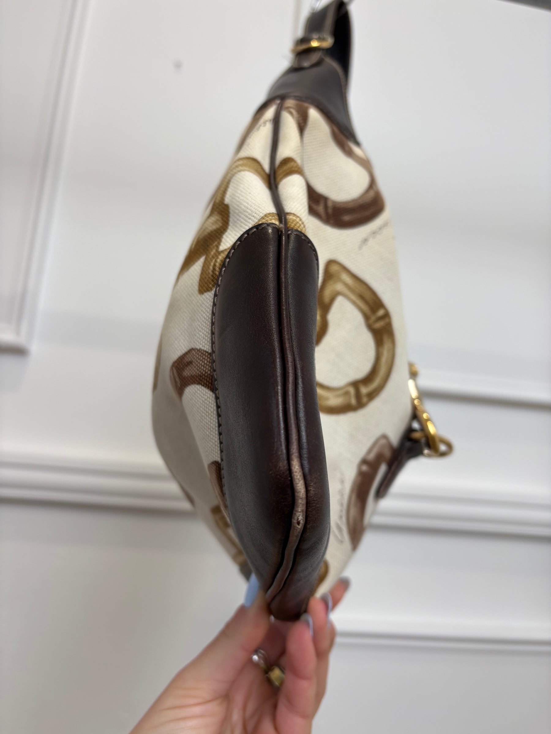 Gucci Dark Brown Leather and Canvas Horsebit Print Jackie