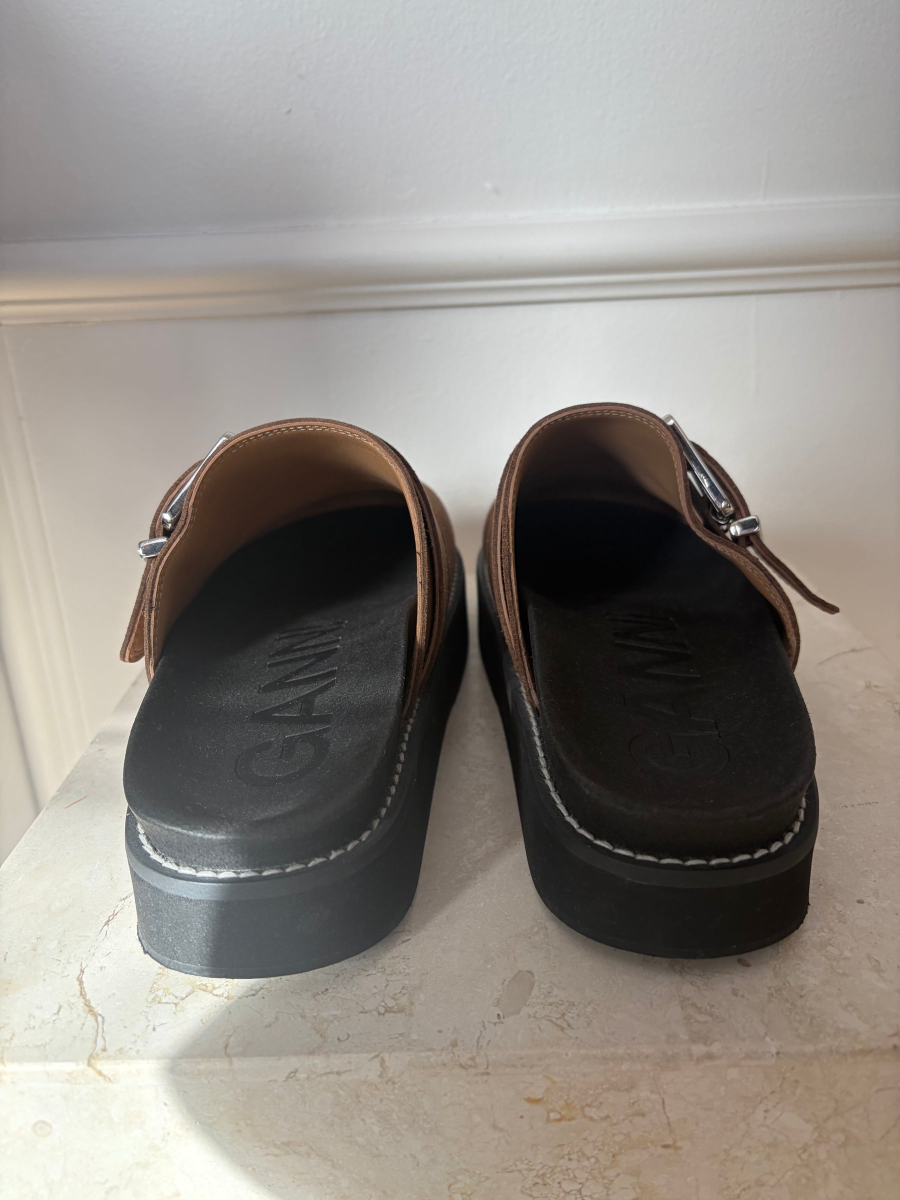 Ganni Brown Buckle Clogs, 38