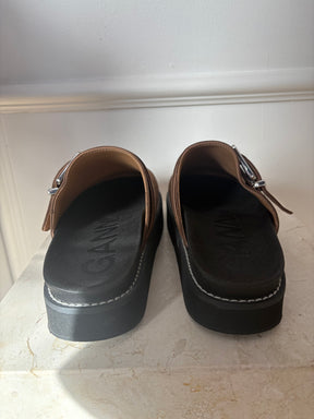 Ganni Brown Buckle Clogs, 38
