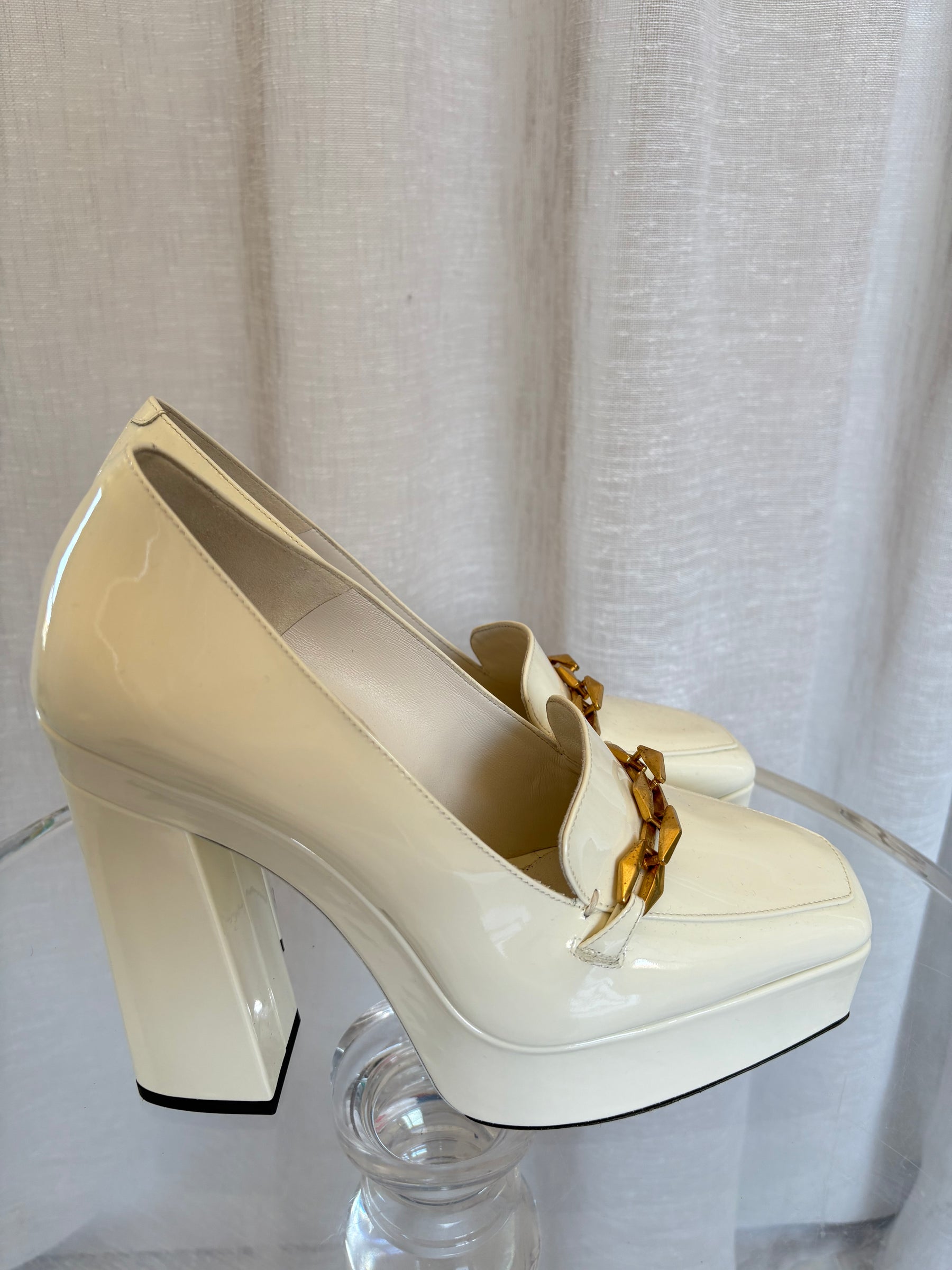 Jimmy Choo White Patent Platform Pumps, 39.5