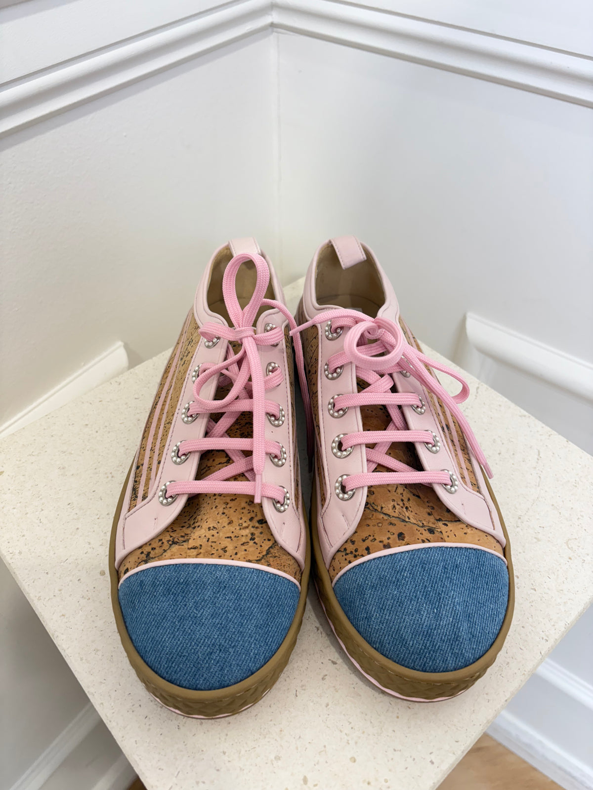 Chanel Cork Denim And Pink Leather Lace Up Flats, 39.5