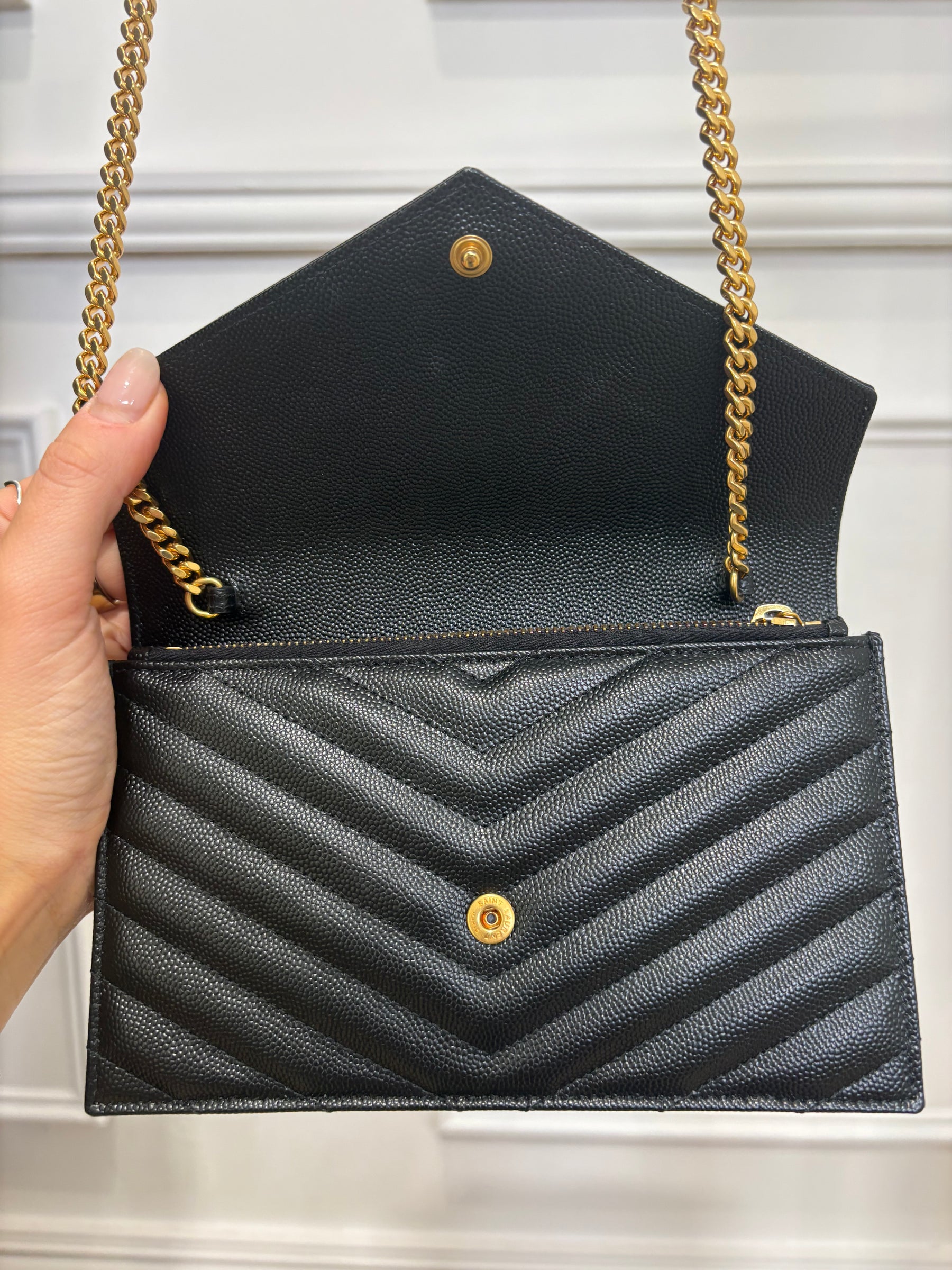 Saint Laurent Black Chevron Quilted Envelope Chain Wallet