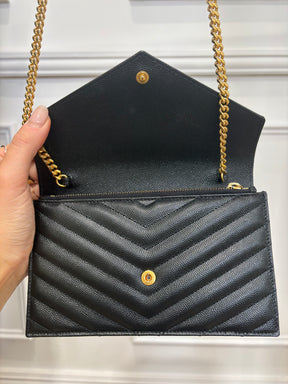 Saint Laurent Black Chevron Quilted Envelope Chain Wallet