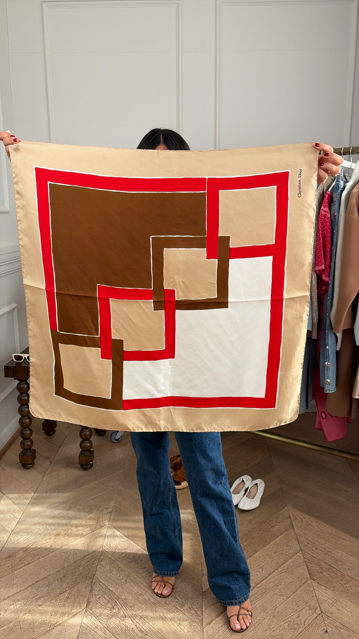 Dior Beige, Brown and Red Printed Silk Scarf