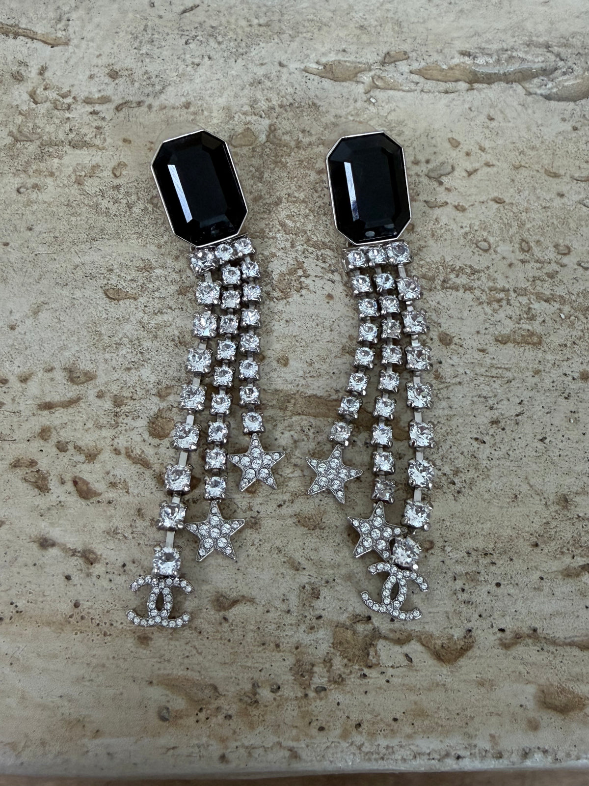 Chanel Black Crystal Diamonte Drop Earrings