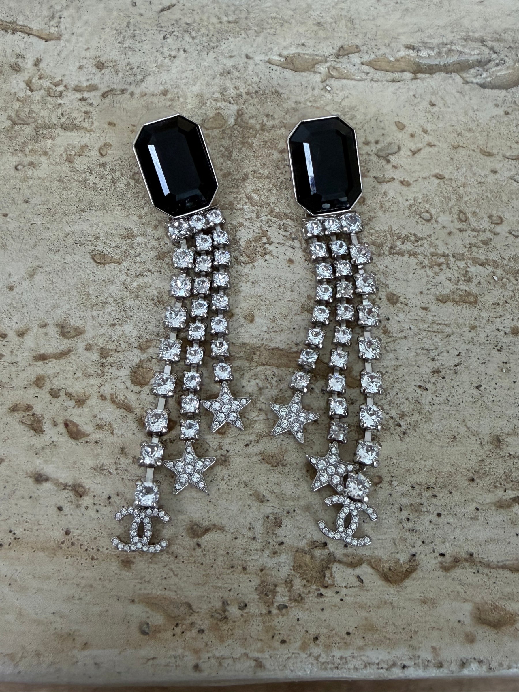Chanel Black Crystal Diamonte Drop Earrings