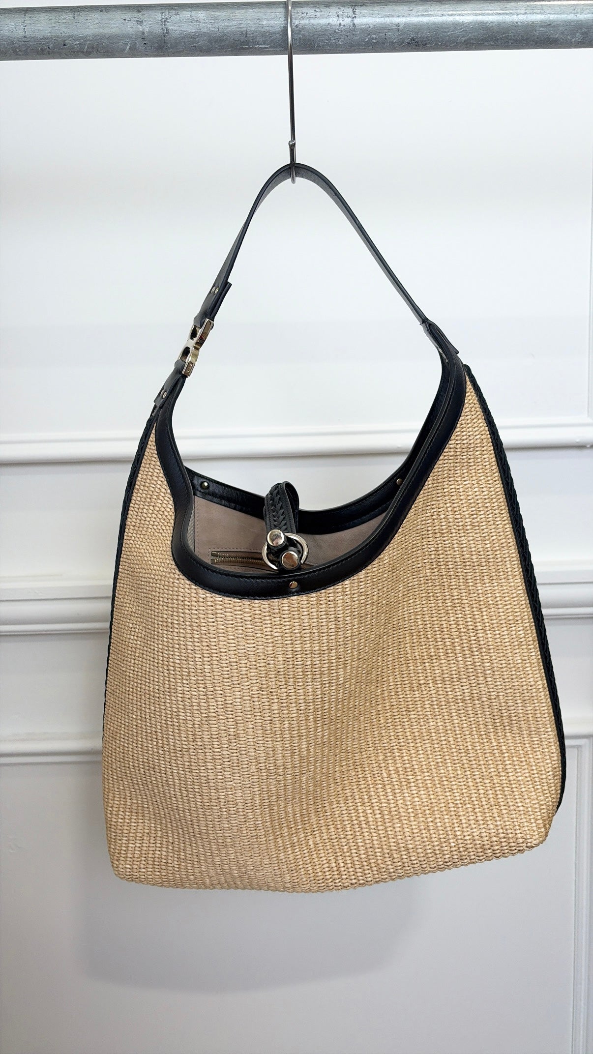 Chloé Raffia and Black Leather Marcie Hobo Bag