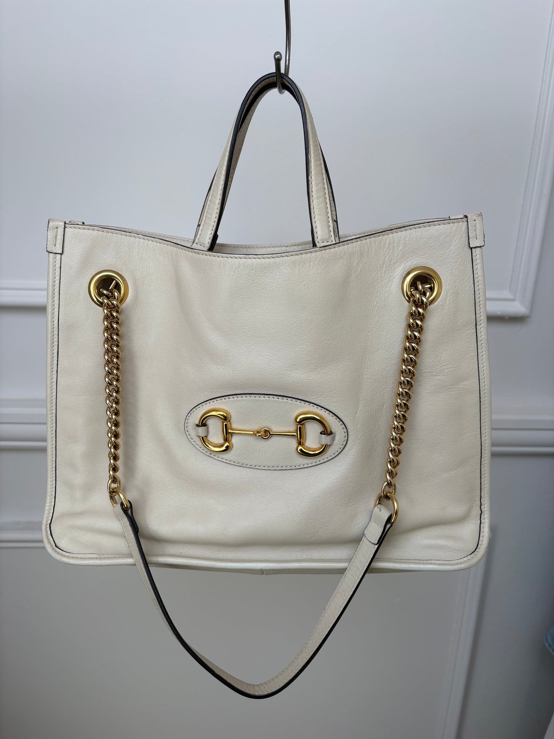 Gucci Cream Leather Horsebit 1995 Medium Chain Tote