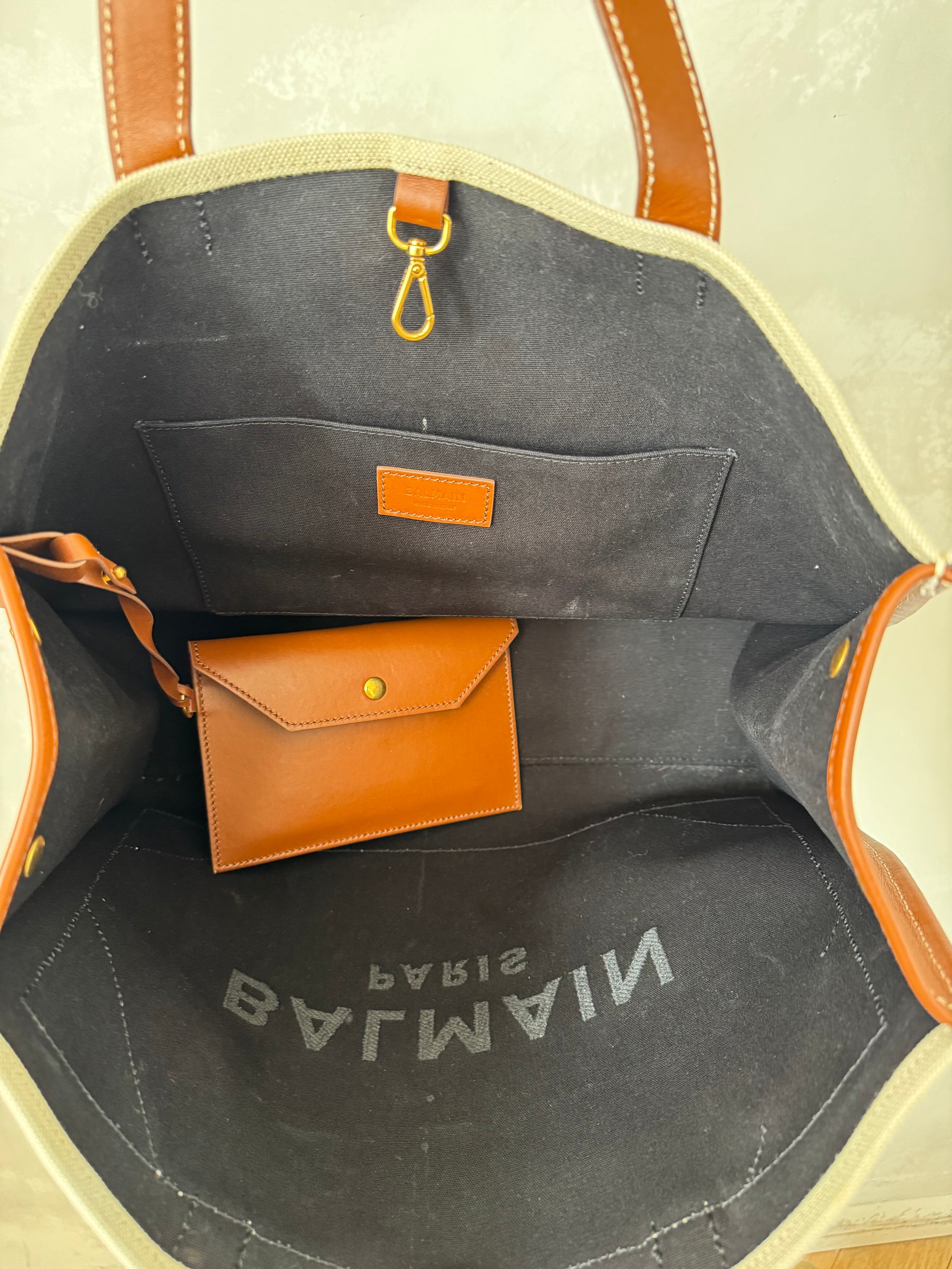 Balmain Cream Canvas and Tan leather logo Tote