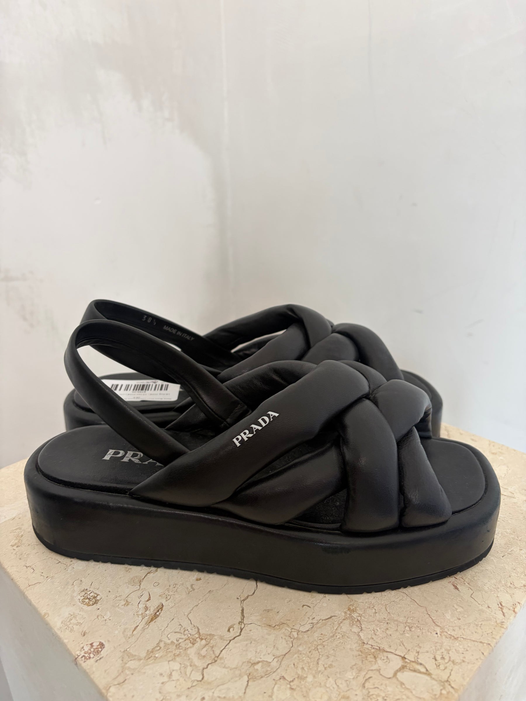 Prada Black Puffy Leather Logo Platform Sandals, 38.5