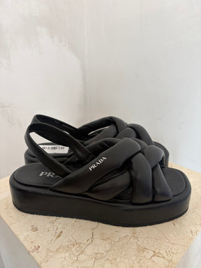 Prada Black Puffy Leather Logo Platform Sandals, 38.5