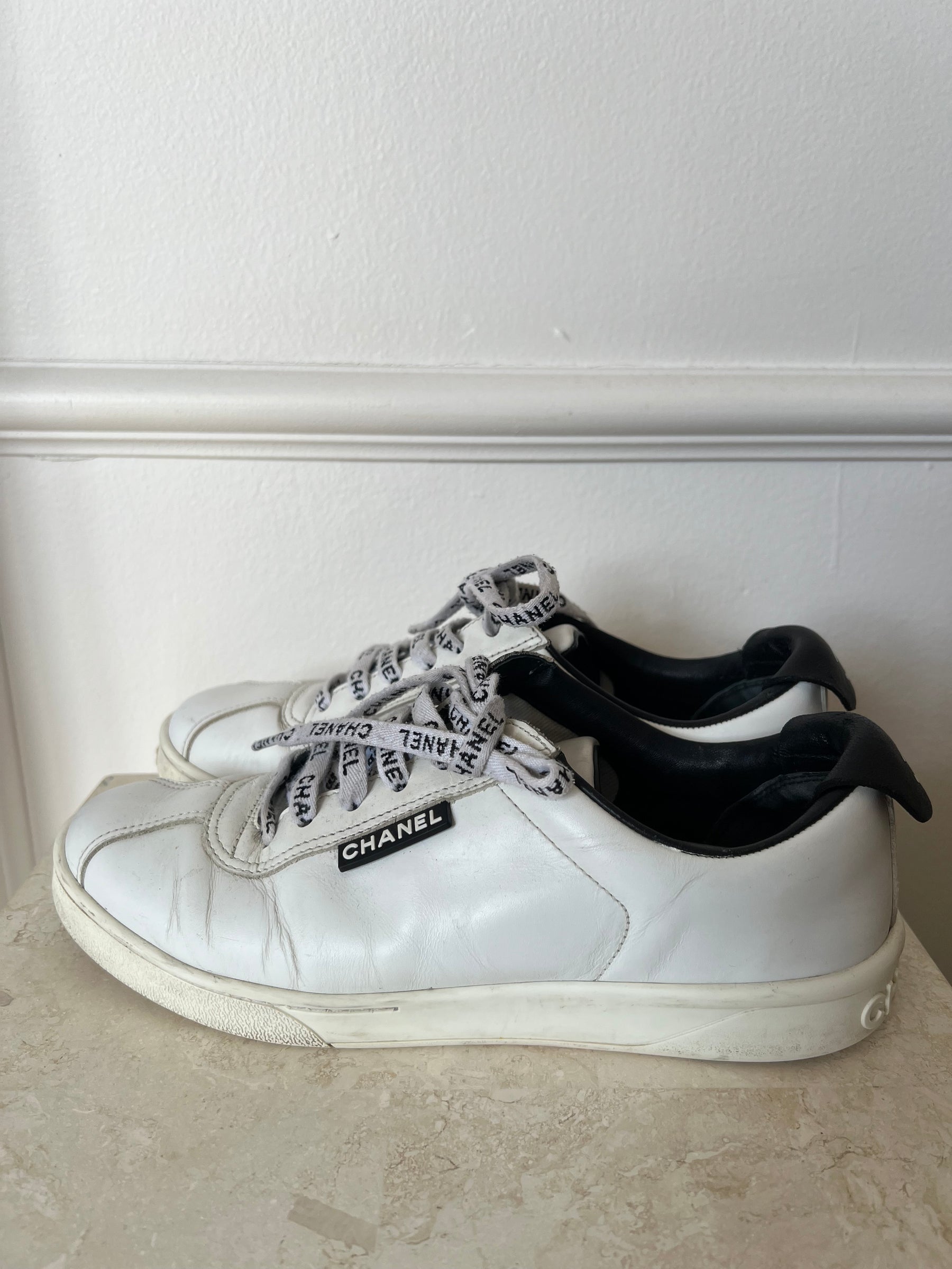 Chanel White and Black Leather Sneakers, 36