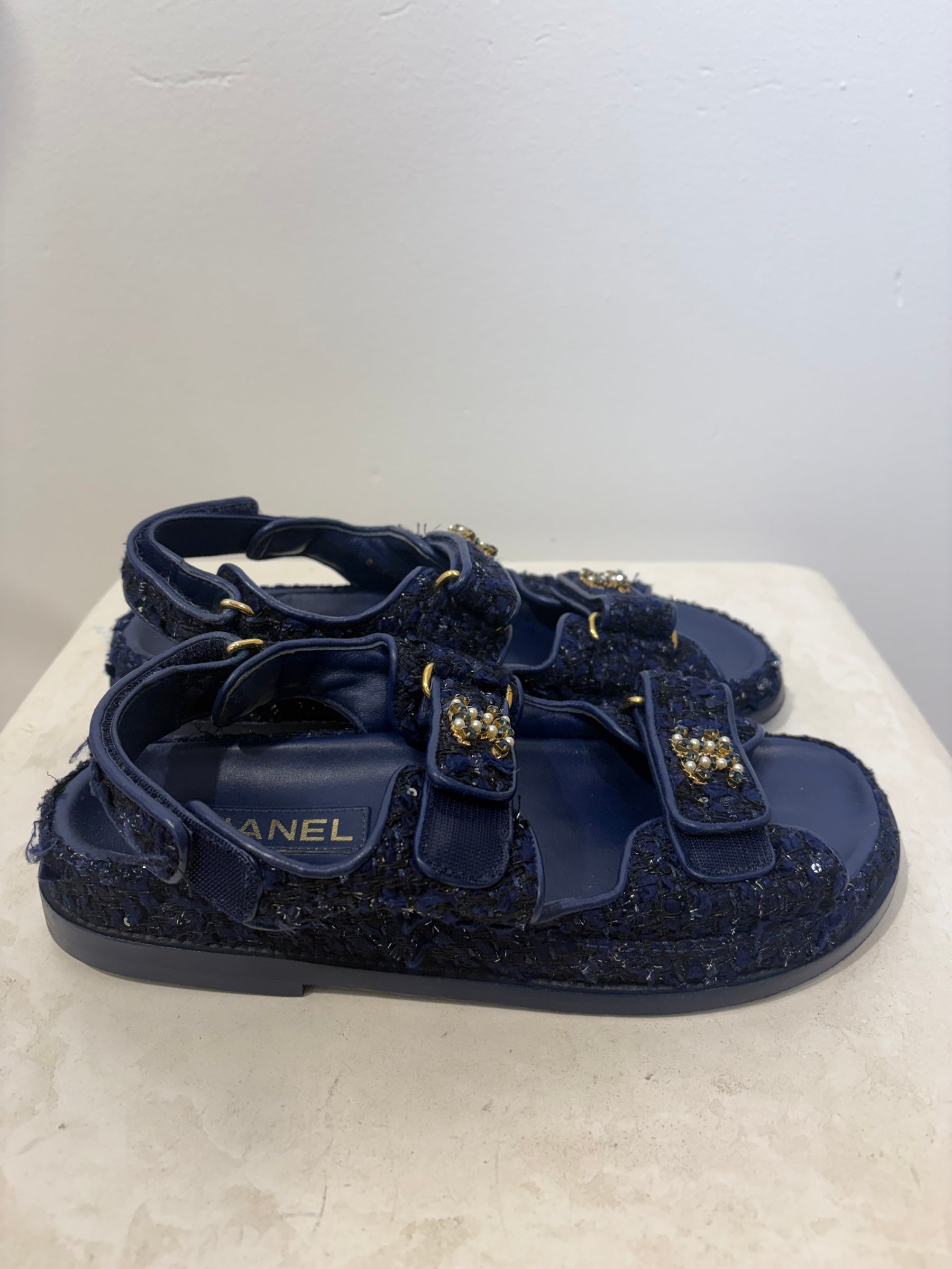 Chanel Blue Tweed Dad Sandals With Crystals And Pearls, 38 C