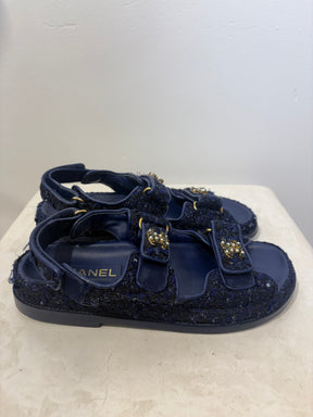 Chanel Blue Tweed Dad Sandals With Crystals And Pearls, 38 C