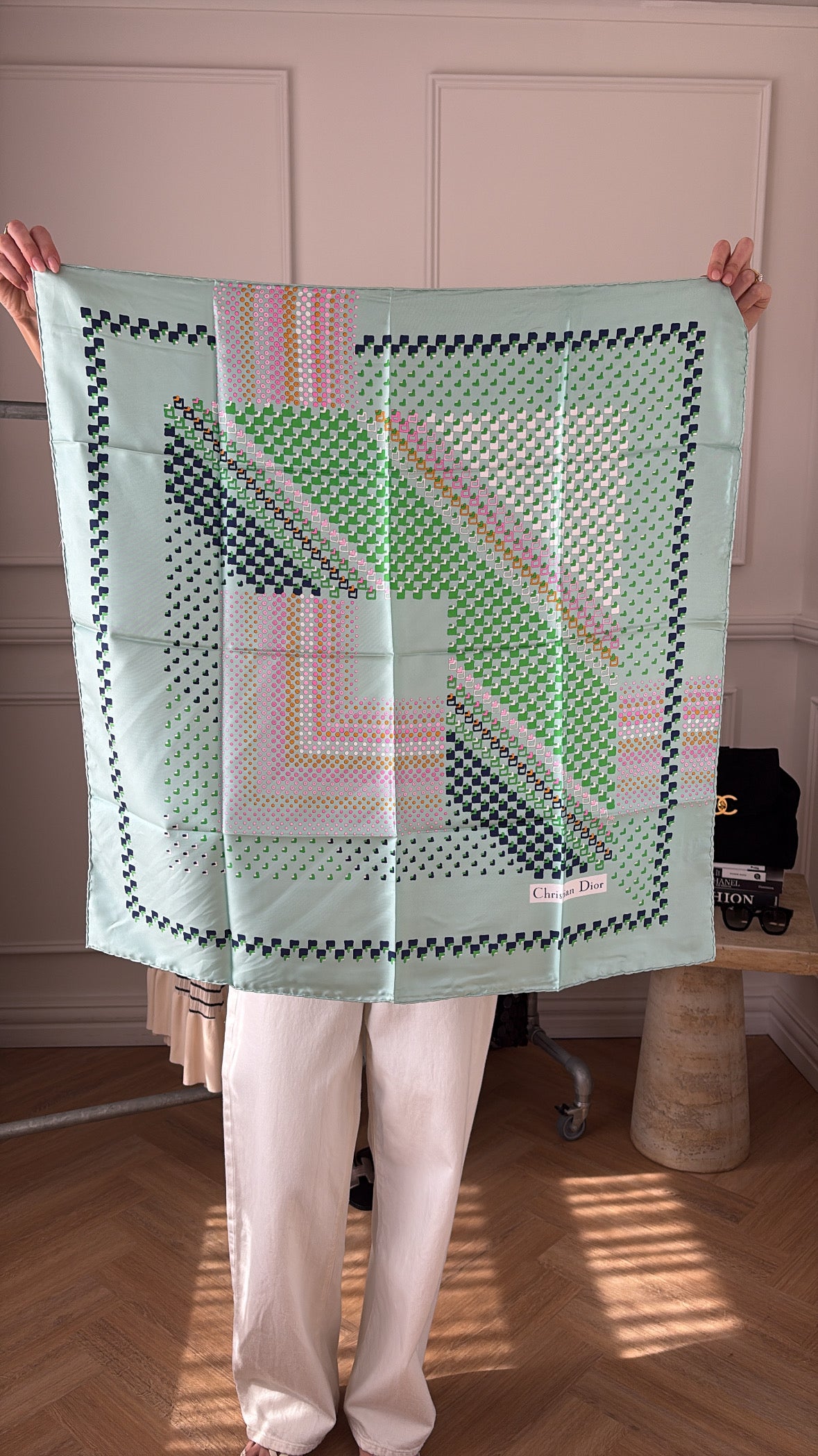 Dior Mint Navy Green and Pink Printed Silk Scarf 70