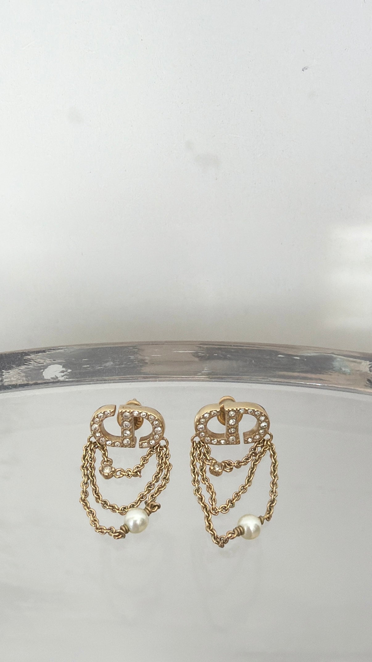 Dior Gold Tone Chain Logo Earrings