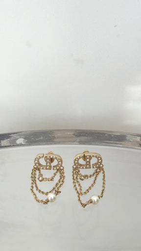 Dior Gold Tone Chain Logo Earrings